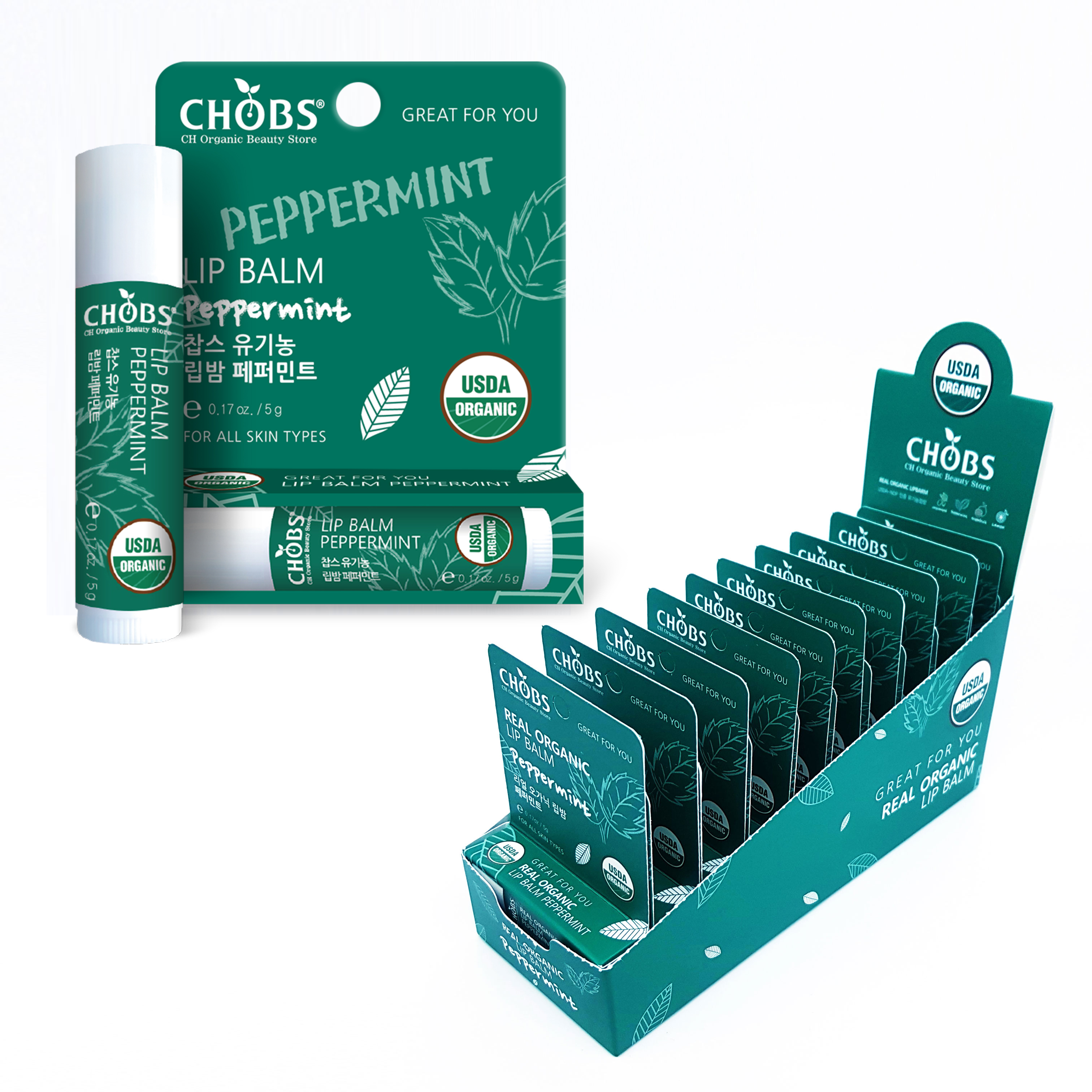 [USDA]CHOBS(찹스)유기농 립밤 페퍼민트 (5g*20EA/1RRP BOX) [USDA]CHOBS Organic Lip Balm Peppermint Retail Ready Package